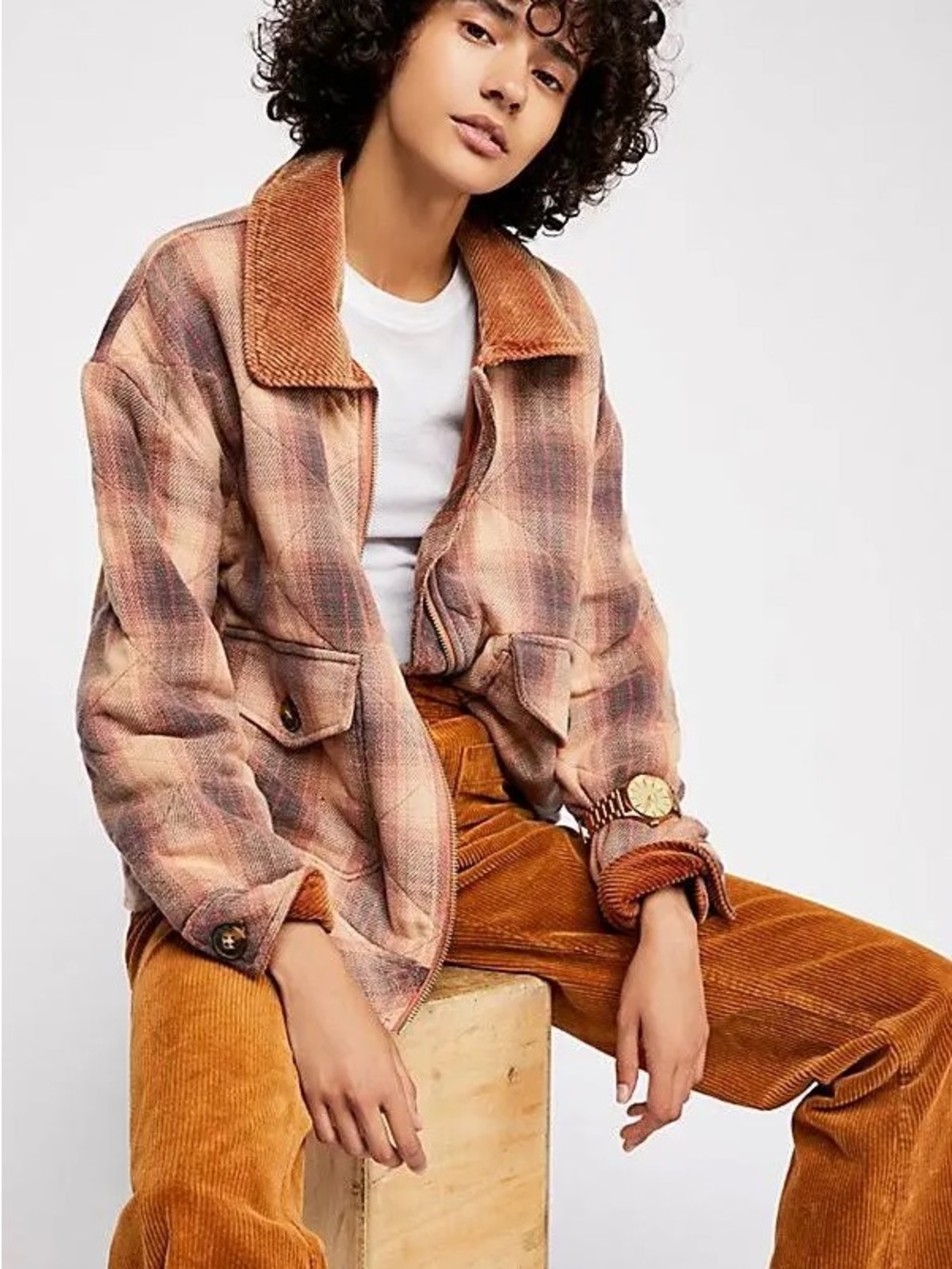 Free People Poconos Quilted Jacket Pink Plaid Corduroy Collar Utility Coat